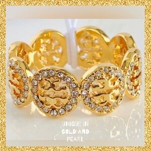 Tory Burch Authentic Gold Crystal Embellished Monogram Swarovski Pave Ring 6